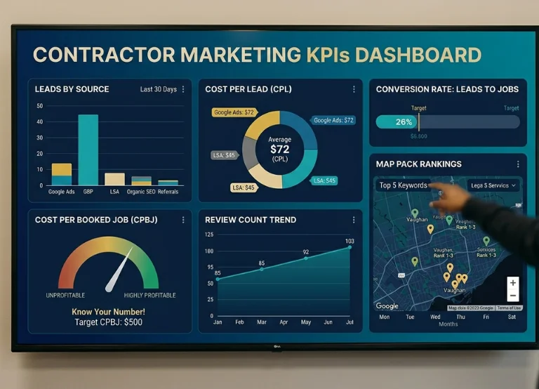 Contractor team reviewing marketing strategy